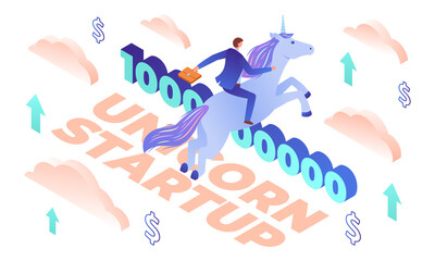 Fototapeta na wymiar Funny isometric vector illustration of unicorn startup