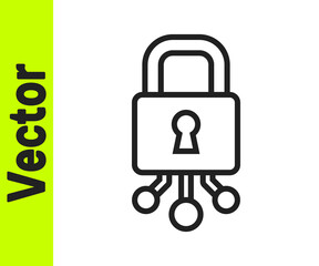 Black line Cyber security icon isolated on white background. Closed padlock on digital circuit board. Safety concept. Digital data protection. Vector.