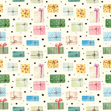 Watercolor christmas seamless pattern with present boxes isolated on light yellow background.