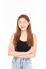 Fototapeta premium Portrait of young beautiful women with happy smile on white background with eyes closed. Attractive Cheerful young Asian girl smiling on white background. Young Asian pretty business woman.