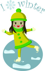 Smiling little girl in coat, hat, mittens on ice skates at winter 