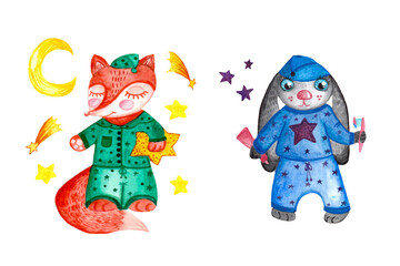 Fox and rabbit in pajamas watercolor illustration. For children's textiles, prints.