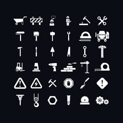 Vector image. Collection of different construction tools. Black solid icons.