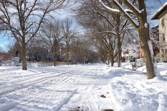 Snowy Street And Park In St. Paul