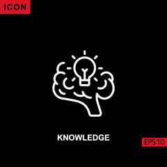 Knowledge icon outline, line, lineal or linear on black background.