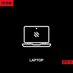 Laptop icon outline, line, lineal or linear on black background.