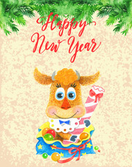 New Year greeting card in vintage style. Cute hand drawn ox, cow, symbol of 2021. Painting watercolor illustration.