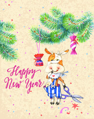 New Year greeting card in vintage style. Cute hand drawn ox, cow, symbol of 2021. Painting watercolor illustration with lettering.