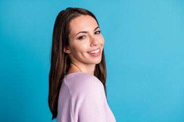 Fototapeta premium Close-up profile side view portrait of her she nice attractive pretty lovely cheerful cheery girl wearing cozy spring clothes isolated over bright vivid shine vibrant blue color background