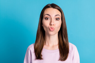 Closeup photo funny pretty flirty lady straight hairdo sending air kisses boyfriend good mood...
