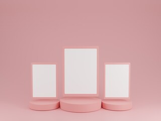 Abstract pink background texture with geometric shape. Minimal mockup with white picture frame and pink pastel podium scene concept. 3D rendering design for display product 