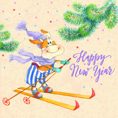 New Year greeting card in vintage style. Cute hand drawn ox, cow, symbol of 2021. Painting watercolor illustration with lettering, skiing, tree.