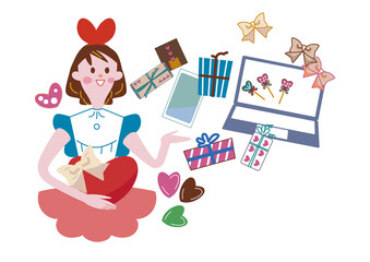 ハッピーバレンタイン　かわいい女の子とハート　セット　イラスト
