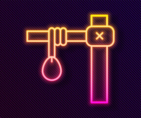 Glowing neon line Gallows rope loop hanging icon isolated on black background. Rope tied into noose. Suicide, hanging or lynching. Vector.