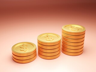 Gold coins stacked on Light brown background. 3d rendering