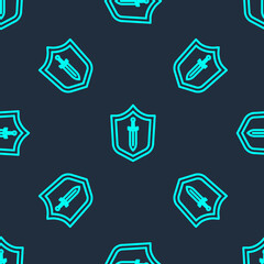 Green line Medieval shield with sword icon isolated seamless pattern on blue background. Vector.