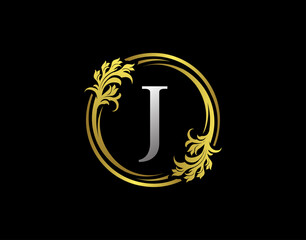 Luxury Circle J Letter Floral Logo. Royal Gold J Swirl Vector Icon.
