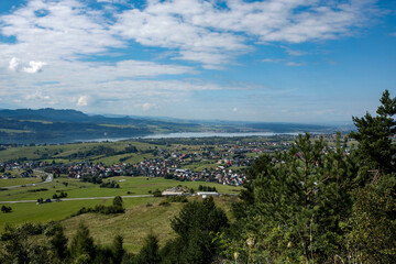 Fototapeta na wymiar panoramic view of Pieniny Mountains and Czorsztynskie Lake seen from Wdzar mountain in Kluszkowce in Poland