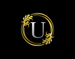 Luxury Circle U Letter Floral Logo. Royal Gold U Swirl Vector Icon.