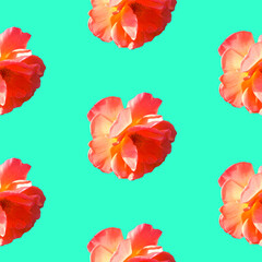 Seamless pattern with roses on a turquoise background. Flat lay, top view. Pop art creative design for textile, fashion, wallpaper, fabric, wrapping paper.