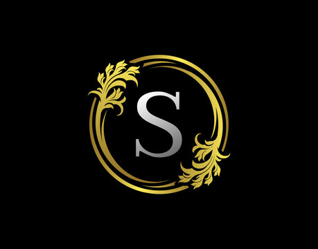 Luxury Circle S Letter Floral Logo. Royal Gold S Swirl Vector Icon.