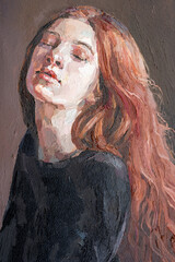 The brown-haired woman in a classic black dress is a little tired. The background is created in various shades of brown. Oil painting on canvas.