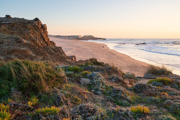 Guincho beach view nature landscape at sunset in Cascais, Portugal