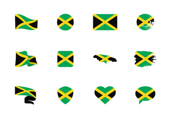 Jamaica flag - flat collection. Flags of different shaped twelve flat icons.