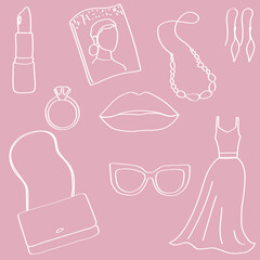 Feminine design elements, women and girly objects for site icons. Bag, lipstick, lips, ring, white line contour 
