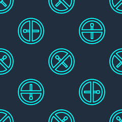 Green line No fire match icon isolated seamless pattern on blue background. No open flame. Burning match crossed in circle. Vector.