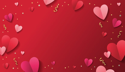 Obraz premium Romantic dark red background for Valentine's Day with paper red and pink hearts and golden confetti. - Vector