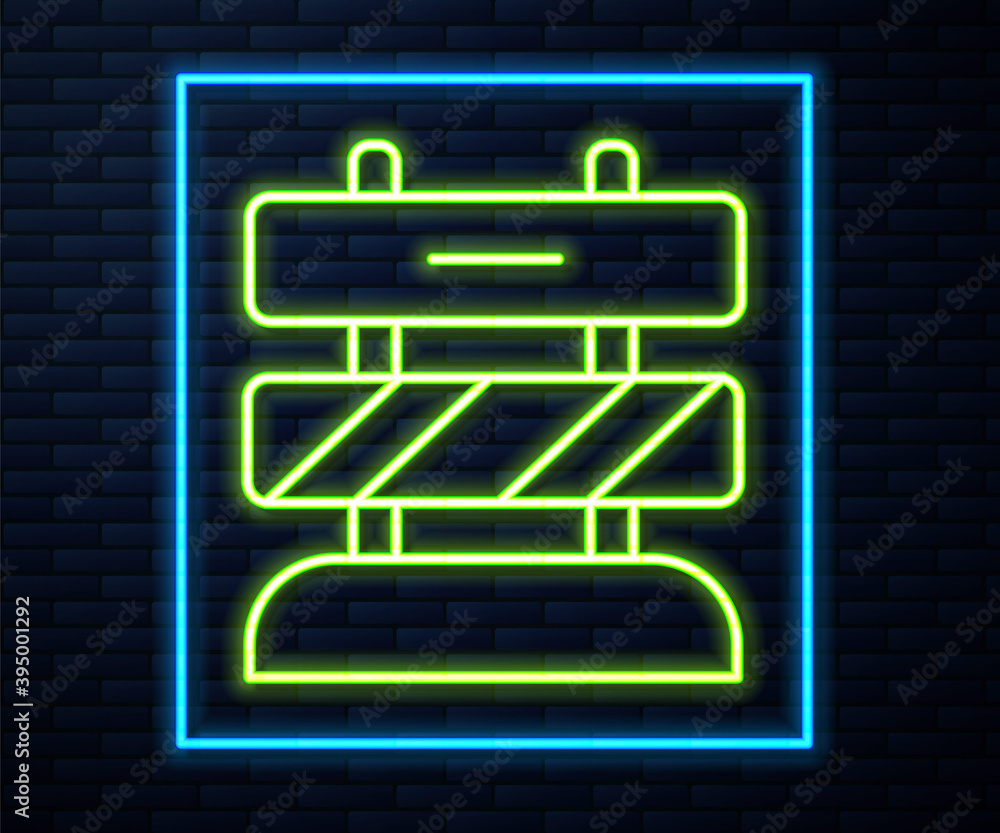 Poster glowing neon line end of railway tracks icon isolated on brick wall background. stop sign. railroad 