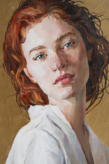 Oil painting. Portrait of a  red-haired  girl on a gold background. The art is done in a realistic manner.