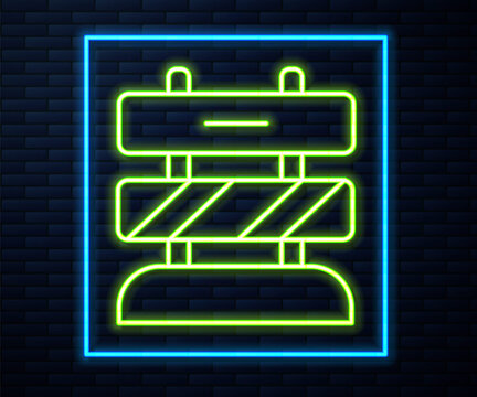 Glowing neon line End of railway tracks icon isolated on brick wall background. Stop sign. Railroad buffer end to destination. Vector.