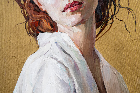 Oil painting. Fragment of  portrait of a  red-haired  girl on a gold background. The art is done in a realistic manner.