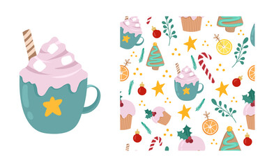 Cute seamless pattern of Christmas sweets isolated on white background. Cocoa,gingerbread cookies,orange,candy cane.Christmas and new year wrapping paper. Vector Hand drawn illustation.