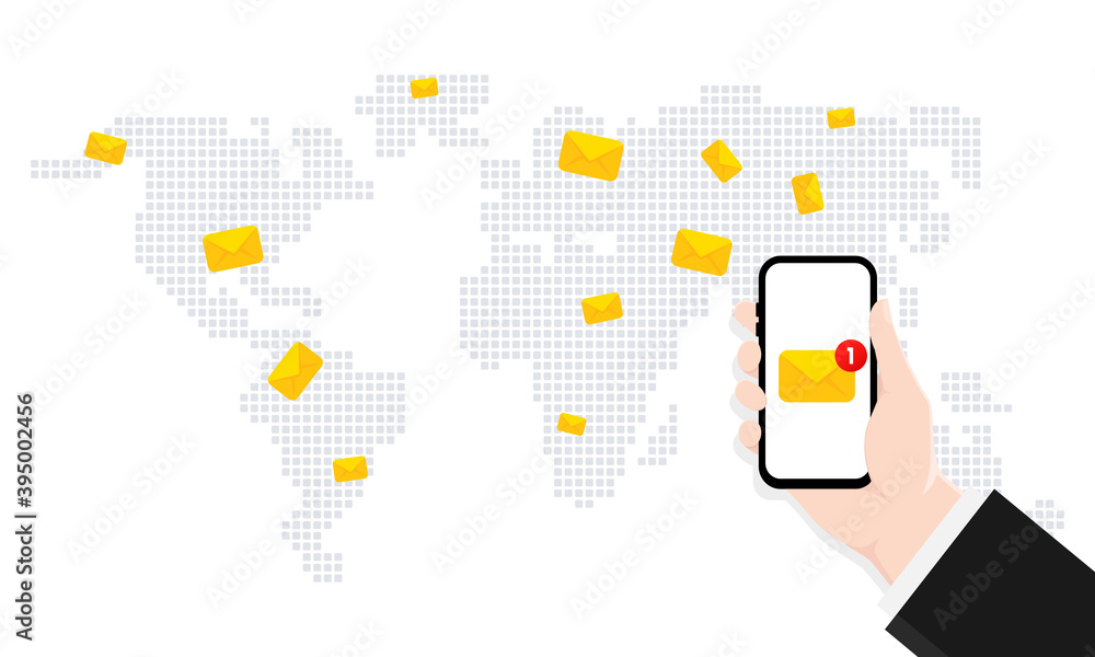 Poster hand holding a smartphone with letter icon on the screen. e-mail application on mobile phone, new me