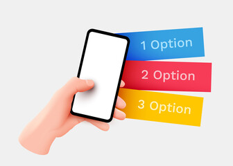 Hand holding smartphone and touching screen. Mockup with three options. Mobile info concept.