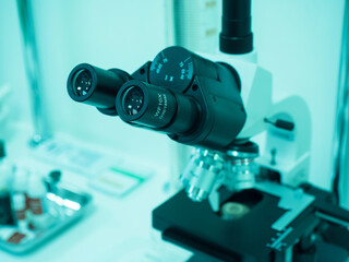 Laboratory, microscope for chemical biological samples. Medical equipment. Medical scientific research background.