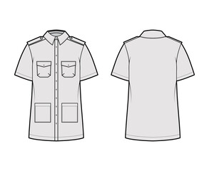 Shirt safari technical fashion illustration with short sleeves, flaps and patch pockets, relax fit, epaulettes, button-down, collar. Flat template front, back grey color. Women men top CAD mockup © Vectoressa