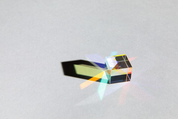Glass cube prism with light diffraction of spectrum colors and complex reflection with trendy light...