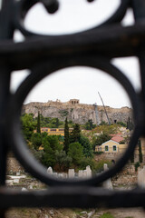 Athens, Greece - October 2020. Acropolis view through a circle