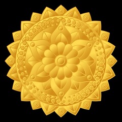 Beautiful golden relief mandala on black background. Vector design with floral pattern.