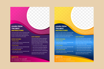 Set of abstract flyer template with example of headline is Learn from the best instructors. Vertical layout with purple and dark blue background. yellow and pink colors of element. space for photo. 