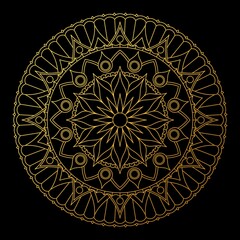 Round golden lace mandala with floral pattern on black background. Beautiful vector design.
