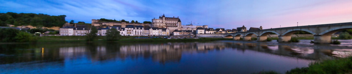 Fototapeta na wymiar Panoramic view on Castle Chateau d'Amboise and Loire river by sunset, Loire Valley, France.