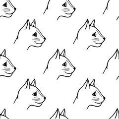 Vector seamless pattern head of cat hand-drawn. Illustration in doodle style black outline on white background.