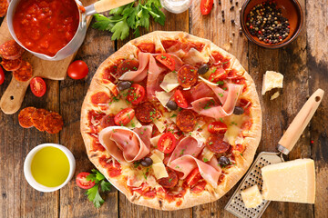 pizza with ingredient- top view