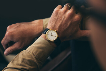 man fashionable wearing stylish looking at luxury watch on hand check the time at workplace.concept...