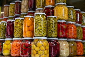 Fototapeta na wymiar Various preserved pickled vegetables in glass jars. Marinated food and organic raw vegetables, canned homemade food concept. Preservation and storage of vegetarian food for the winter 